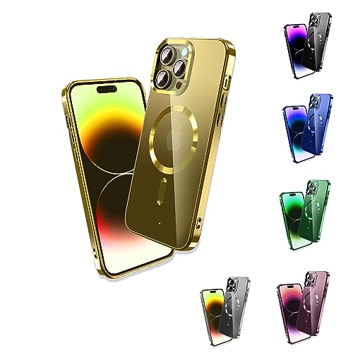 Elfon Chrome Mag Ring für iPhone 14 Pro Max, Transparente Handyhuelle für Qi-Laden, Handyhülle für kabellosen Laden, Huelle für Wireless Charging, Schutzhülle für iPhone (Gold) von Elfon