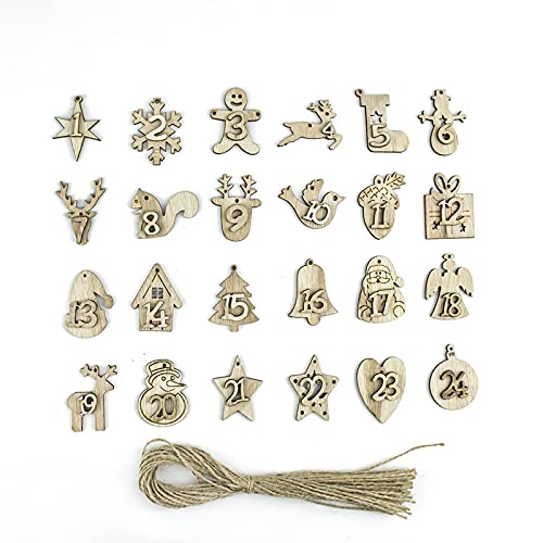 Adventskalender Zahlen, 24 Stück Holz Weihnachts-Adventskalender Zahlen Anhänger Weihnachts-Countdown-Kalender Christbaumschmuck mit Hanfseil von Elionless