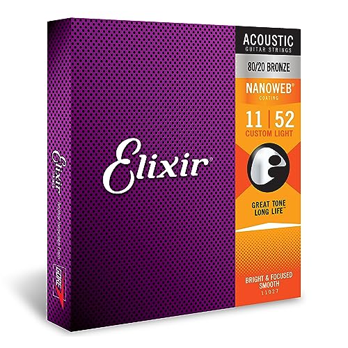 Elixir® 11027 Saiten 80/20 Bronze Akustik-Gitarrensaiten mit NANOWEB® Beschichtung, Custom Light (.011-.052) von Elixir