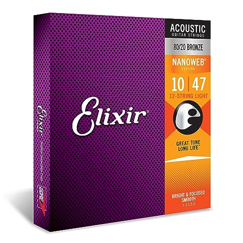 Elixir® 11152 Saiten 80/20 Bronze 12-saiter Akustik-Gitarrensaiten mit NANOWEB® Beschichtung, Light (.010-.047) von Elixir