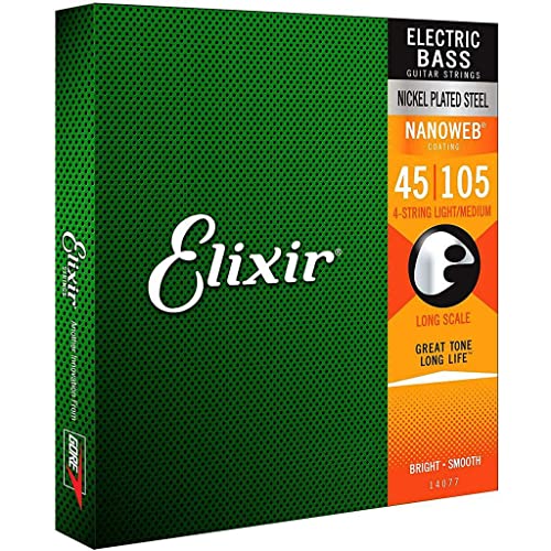 Elixir® 14077 Saiten Nickel-Wound 4-str. E-Basssaiten mit NANOWEB® Beschichtung, Long Scale, Light/Medium,(.045-.105) von Elixir