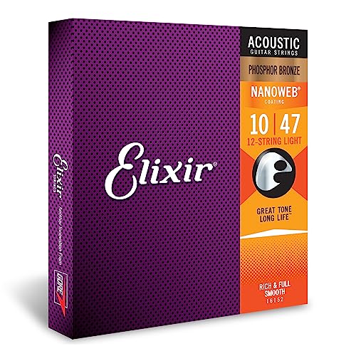 Elixir® 16152 Saiten Phosphor Bronze 12-saiter Akustik-Gitarrensaiten mit NANOWEB® Beschichtung, Light (.010-.047) von Elixir