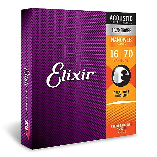 Elixir® Saiten 80/20 Bronze Akustik-Gitarrensaiten mit NANOWEB® Beschichtung, Baritone (.016-.070) von Elixir
