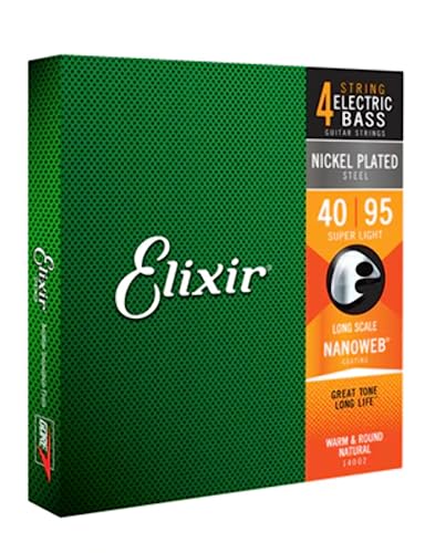 Elixir® Saiten Nickel-Wound 4-str. E-Basssaiten mit NANOWEB® Beschichtung, Long Scale, Super Light (.040-.095) von Elixir