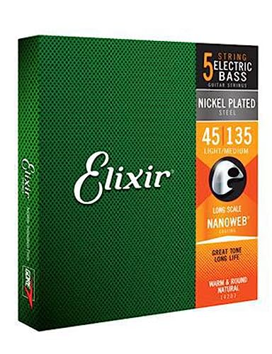 Elixir® Saiten Nickel-Wound 5-str. E-Basssaiten mit NANOWEB® Beschichtung, Long Scale, Light/Medium (.045-.135) von Elixir