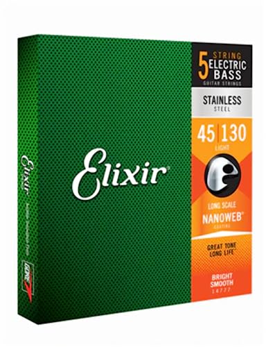 Elixir® Saiten Stainless-Steel 5-str. E-Basssaiten mit NANOWEB® Beschichtung, Long Scale, Light (.045-.130) von Elixir