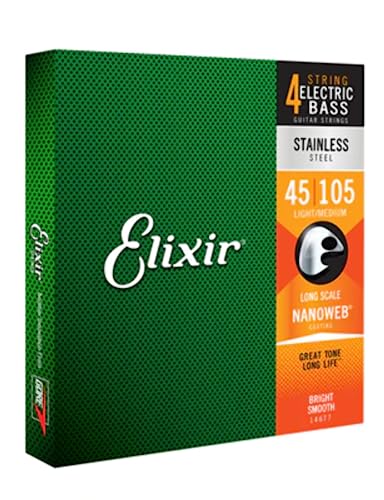 Elixir 14677 Saiten Stainless-Steel 4-str. E-Basssaiten mit NANOWEB Beschichtung, Long Scale, Light/Medium (.045-.105) von Elixir