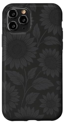 Dunkelgraues Sonnenblumenmuster auf schwarzem Hintergrund Hülle für iPhone 11 Pro von Elk Phone Designs