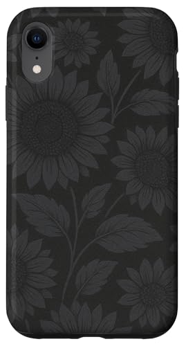 Dunkelgraues Sonnenblumenmuster auf schwarzem Hintergrund Hülle für iPhone XR von Elk Phone Designs