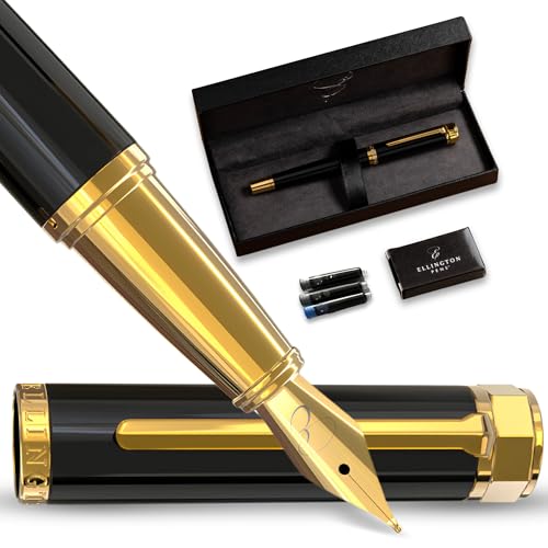 Ellington Pens Luxus Füllfederhalter Set - Füllfederhalter zum Schreiben - Glatte mittlere Feder - Inklusive nachfüllbarem Tintenkonverter, 3 Tintenpatronen [Schwarz & Blau], Geschenkbox - Elegante von Ellington Pens