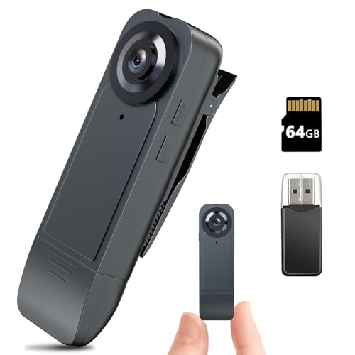 Eloatnalyto 1080P Mini-Körperkamera mit 64 GB Speicherkarte, tragbare Bodycam, tragbarer Polizei-Camcorder für Sicherheit, Wache, Arbeitsaufzeichnungen (schwarz) von Eloatnalyto