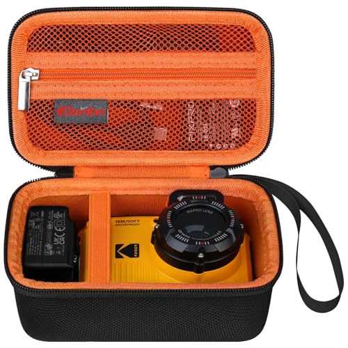 Elonbo Tragetasche für Kodak PIXPRO WPZ2 robuste wasserdichte Digitalkamera, stoßfeste WiFi 4K Video Digitalkamera Aufbewahrungstasche, Mesh Tasche passt Akku Ladegerät Speicherkarte. Schwarz+Orange von Elonbo