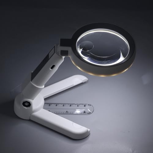 Elprico Wiederaufladbare LED-Lupe, 5 X 11 X 18 LEDs, Wiederaufladbar, 3 Helligkeitsstufen, Handlupe mit Skaliertem Klappständer von Elprico