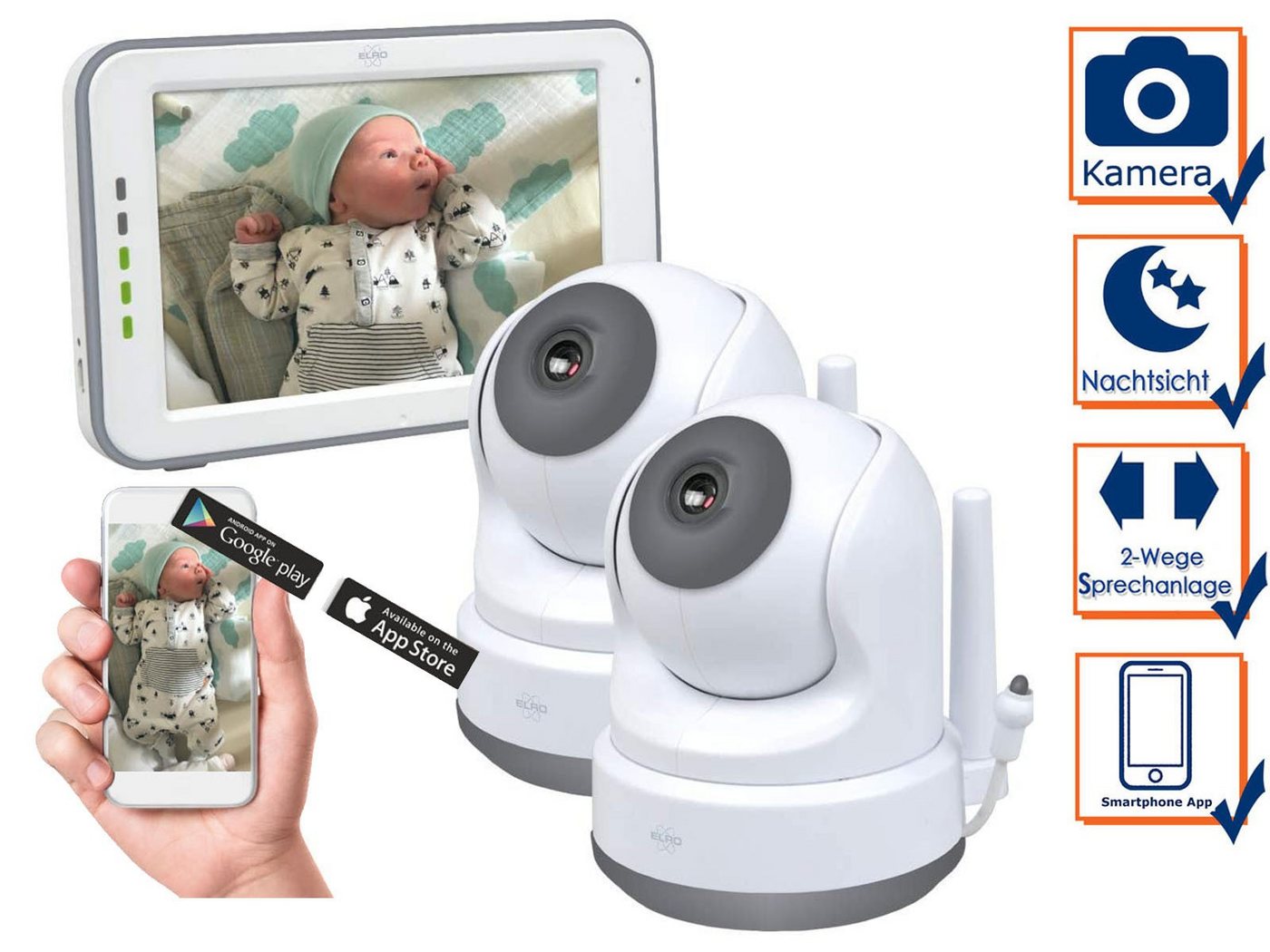 Elro Video-Babyphone, Nachtlichtfunktion & 3 Schlaflieder, Baby Cam mit Kameras für 2 Kinder - Monitor und Handy App von Elro