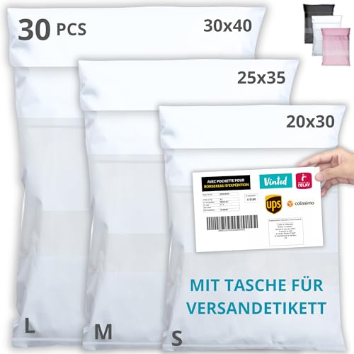 EMBALLAX - 30 Versandtaschen MIT TASCHE FÜR VERSANDETIKETT - 3 Größen S/M/L - WIDERSTANDSFÄHIG/WASSERDICHT - Versandtüten für Kleidung - Warensendung Umschlag für Kartons - Versandbeutel - Danke von EmballaX