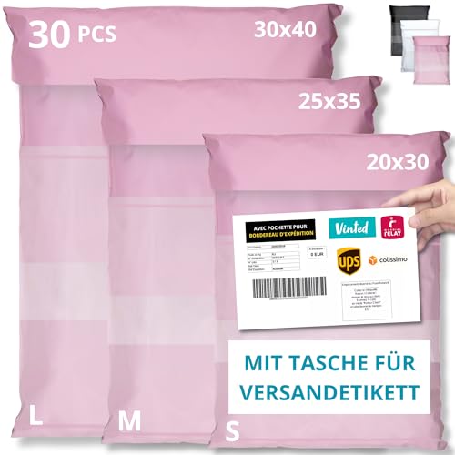 EMBALLAX - 30 Versandtaschen MIT TASCHE FÜR VERSANDETIKETT - 3 Größen S/M/L - WIDERSTANDSFÄHIG/WASSERDICHT - Versandtüten für Kleidung - Warensendung Umschlag für Kartons - Versandbeutel - Danke von EmballaX