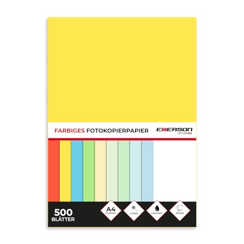 Emerson farbiges Druckerpapier Kopierepapier A4 gelb 500 Blatt | 80 g/m2 210 x 297 mm | Drucker: Laser, Inkjet, Fotokopie, Fax | Vielseitiges Papier zum Kopieren, Basteln von Emerson