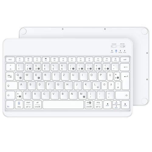 Emetok Deutsche Bluetooth Tastatur für iPad Air/iPad Pro/Mini/iPad 10,9/10,2/9,7/iPhone/Samsung/Android, Ultra-dünn, Wiederaufladbar, QWERTZ, Tragbare Kabellose, Weiße von Emetok