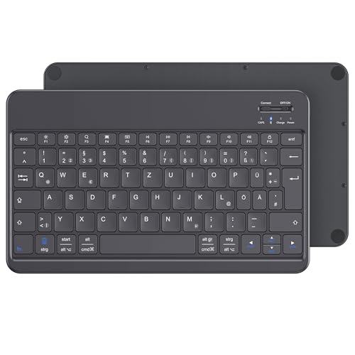 Emetok Deutsche Bluetooth Tastatur für iPad Air/iPad Pro/Mini/iPad 10.9/10.2/9.7/iPhone/Samsung/Android, Vergrößerte Tastenkappen, Wiederaufladbar, QWERTZ, Tragbare Kabellose, Ultra-dünn, Schwarz von Emetok