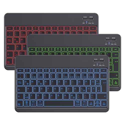 Emetok deutsche Bluetooth Tastatur für alle iPad-Modelle/iPhone/Samsung/Android, Wiederaufladbar Tastatur mit 7 Farbige Hintergrundbeleuchtung,Ultraleicht-dünn Tragbare Kabellose Tastatur, schwarz von Emetok