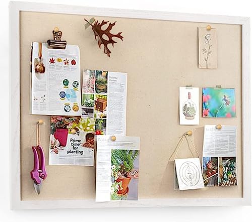 Emfogoo Pinnwand groß, Wand-Pinnwand 60 x 45 cm mit Leinen, Korktafel mit 20 Pins, Holzkante, geeignet für Büro, Schule, Wanddekoration, Innendekoration, 1 Stück (Vintage-Weiß) von Emfogoo