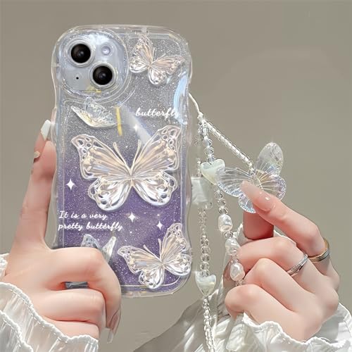 Emlivi Handyhülle für iPhone 13 Pro Max mit Perlen Armband, Schmetterling Blumen Handyhülle Aesthetic Silikon Schutzhülle Frauen Mädchen Glitzer Kristall Süßes Case für iPhone 13 Pro Max, Lila von Emlivi
