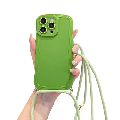Emlivi Handykette Hülle für iPhone 14 Pro, Curly Wave Frame Necklace Handyhülle Wellen Rahmenform Silikon TPU Case Cover mit Kordel zum Umhängen Schutzhülle mit Band für iPhone 14 Pro, Grün von Emlivi