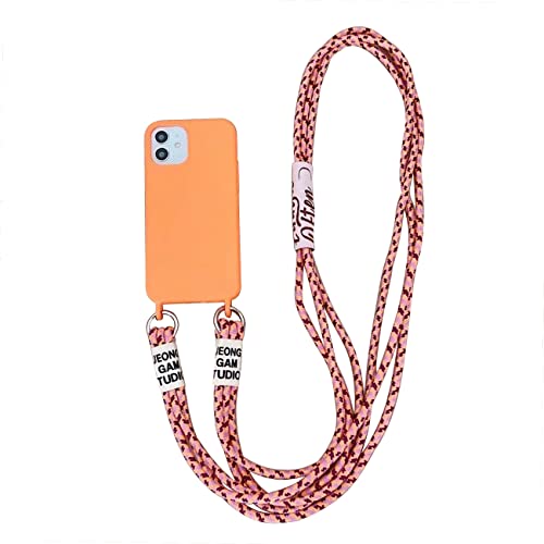 Emlivi Handykette Hülle für iPhone 15 Necklace Handyhülle Nylon Schultergurt Liquid Silikon TPU Cover mit Kordel zum Umhängen Schutzhülle mit Stylische Band Case für iPhone 15, A-Orange von Emlivi