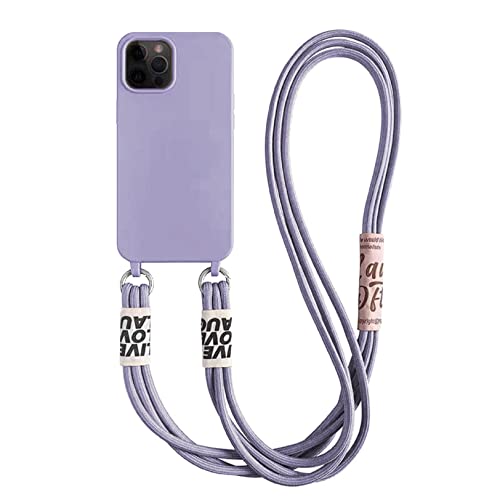 Emlivi Handykette Hülle für iPhone 15 Necklace Handyhülle Nylon Schultergurt Liquid Silikon TPU Cover mit Kordel zum Umhängen Schutzhülle mit Stylische Band Case für iPhone 15, Lavendel von Emlivi