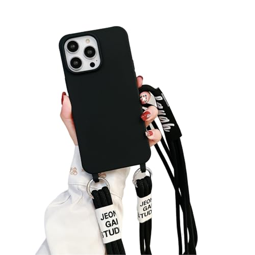 Emlivi Handykette Hülle für iPhone 15 Plus, Necklace Handyhülle mit Kordel zum Umhängen Weich Silikon Nylon Schultergurt Case TPU Stoßfest Schutzhülle mit Band für iPhone 15 Plus, Schwarz von Emlivi