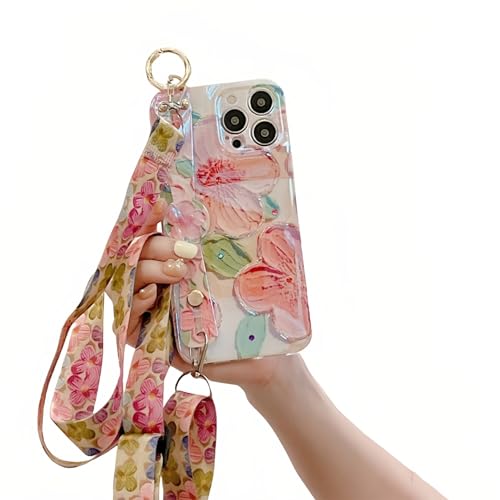 Emlivi Handykette Hülle für iPhone 15 Pro Max,Bunte Vintage Ölgemälde Blume Handyhülle mit Armband Silikon Cover mit Kordel TPU Case mit Ständer Dünne Stoßfeste Schutzhülle, Pfirsichblüte von Emlivi