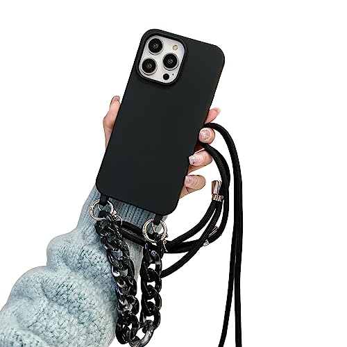 Emlivi Handykette Hülle mit Armband für iPhone 15 Plus Necklace Handyhülle Schultergurt Silikon TPU Cover mit Kordel zum Umhängen Schutzhülle mit Stylische Band Case für iPhone 15 Plus, Schwarz von Emlivi