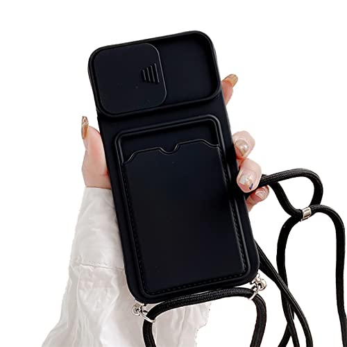 Emlivi Handykette Hülle mit Kartenhalter für iPhone 12 Mini, kameraschutz mit Camera Slider Handyhülle Silikon TPU Cover für zum Umhängen Schutzhülle mit Band Case für iPhone 12 Mini, Schwarz von Emlivi