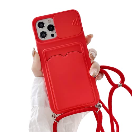 Emlivi Handykette Hülle mit Kartenhalter für iPhone 13, kameraschutz mit Camera Slider Necklace Handyhülle Silikon TPU Cover für zum Umhängen Schutzhülle mit Band Case für iPhone 13, Rot von Emlivi