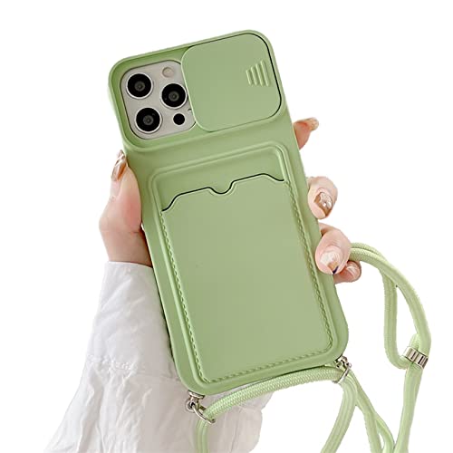 Emlivi Handykette Hülle mit Kartenhalter für iPhone 13 Mini, kameraschutz mit Camera Slider Handyhülle Silikon TPU Cover für zum Umhängen Schutzhülle mit Band Case für iPhone 13 Mini, Matchagrün von Emlivi