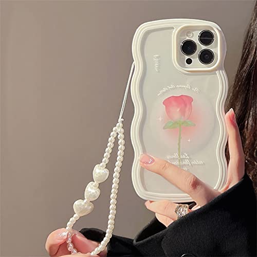 Emlivi Hülle für iPhone 14 mit Perlen Armband Blumen Mode Handyhülle Wellen Schutzhülle Süß Erdbeere Bumper Cover Weich Silikon TPU Case für iPhone 14, Rose von Emlivi