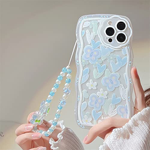 Emlivi Hülle für iPhone XS mit Perlen Armband Blumen Mode Handyhülle Wellen Schutzhülle Süß Erdbeere Bumper Cover Weich Silikon TPU Case für iPhone X, Blau Schmetterling von Emlivi