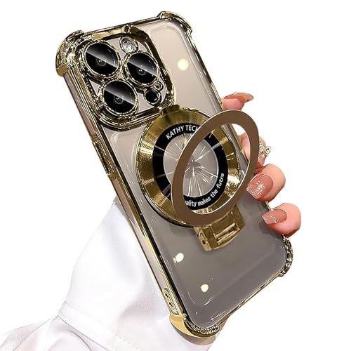 Emlivi Klar Hülle für iPhone 16 Pro Max mit Mag-Safe,Galvanisierte Magnetisch Handyhülle Ring Ständer,Transparent Kameraschutz Weiche TPU Case Cover,Vier Ecken Anti-Fall Schutzhülle,Golden von Emlivi