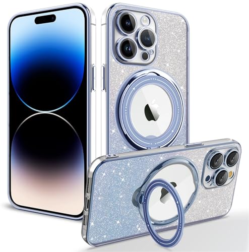 Emlivi Kompatibel mit iPhone 15 Plus Hülle,Magnetisch Ring Ständer, Glitzer Transparent Handyhülle Pailletten Kameraschutz TPU Case Mädchen Kratzfeste Schutzhülle für iPhone 15 Plus,Blau von Emlivi