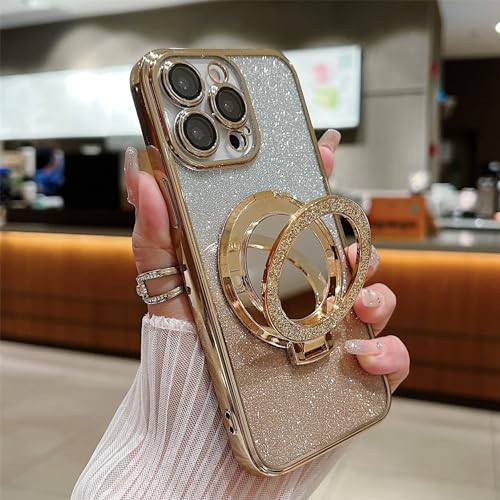 Emlivi Magnet Hülle für iPhone 16 Pro Max mit Spiegel, Klar Glitzer Handyhülle mit Mag-Safe Transparent Pailletten Kameraschutz TPU Case Cover für Frauen Mädchen TPU Stoßfeste Schutzhülle,Golden von Emlivi
