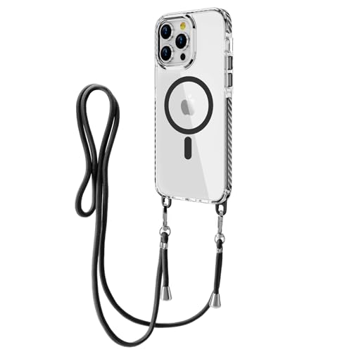 Emlivi Magnetisch Handykette Hülle für iPhone 13 Pro mit Band,Necklace Handyhülle mit Mag-Safe Transparent TPU Acryl Case Cover mit Kordel Verstellbarer Lanyard Schutzhülle für iPhone 13 Pro, Schwarz von Emlivi