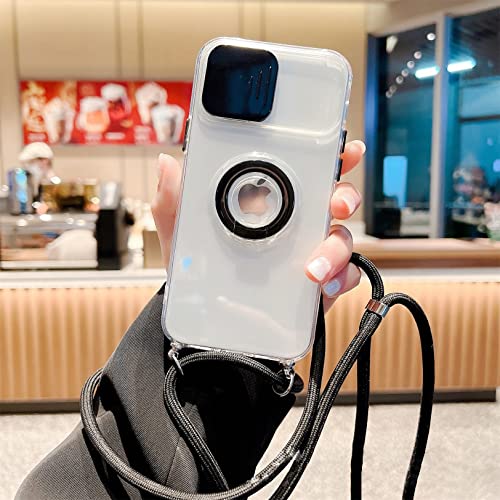 Emlivi iPhone 13 Handykette Hülle mit kameraschutz, Silikon TPU 360 Grad Ring Halter Handyhülle mit Camera Slider Cover für zum Umhängen Schutzhülle mit Band Case für iPhone 13, Schwarz von Emlivi