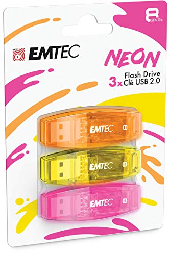 EMTEC USB-Stick 2.0 C410, Flash-Laufwerk, 8 GB, Lesegeschwindigkeit 5 MB/S, Schreiben 15 MB/S, kompatibel mit USB 2.0, USB 3.0, Transparent, Neon, mit Kappe, 3 Stück Orange, Gelb, Rosa von Emtec