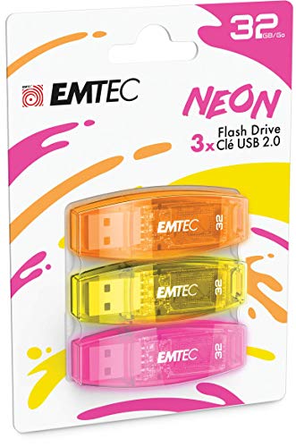 EMTEC USB-Stick 2.0 C410, Flash-Laufwerk 32 GB, Lesung 5 MB/S, Schreiben 15 MB/S, kompatibel mit USB 2.0, USB 3.0, Transparent Neon, mit Kappe, 3 Stück Orange, Gelb, Rosa von Emtec