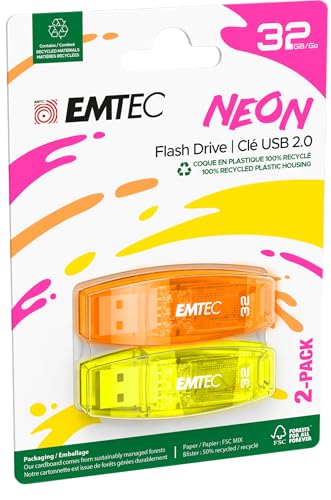 Emtec C410 32GB USB-Stick USB 2.0 Transparent Neon - 2er Pack (Orange Gelb) von Emtec