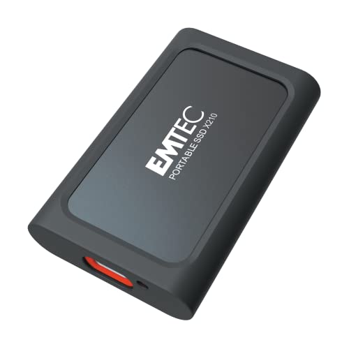 Emtec Externe SSD-Festplatte X210 Elite 512 GB – abwärtskompatibel mit USB 3.2 Gen1 und 2.0 – 3D NAND Flash Technologie – USB-C 3.2 Gen2 auf USB-A und Silikonhülle, Schwarz von Emtec