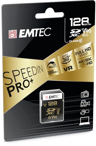 Emtec SpeedIN Pro+ SD-Speicherkarte 128GB, SDXC UHS-II U3 V90, Full HD, 3D, 4K, 8K UHD, Lesegeschwindigkeit bis zu 300MB/s und Schreibgeschwindigkeit bis zu 270MB/s von Emtec