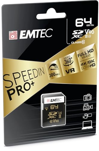 Emtec SpeedIN Pro+ SD-Speicherkarte 64GB, SDXC UHS-II U3 V90, Full HD, 3D, 4K, 8K UHD, Lesegeschwindigkeit bis zu 300MB/s und Schreibgeschwindigkeit bis zu 270MB/s von Emtec