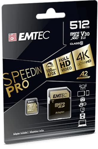 Emtec - UHS-I U3 V30 A1-512 GB, 256 GB - ECMSDM256GXC10SP - Speedin Serie - mit Adapter - Lese- und Schreibgeschwindigkeit bis zu 100 MB/s, 100 MB/s, Schwarz/Gold von Emtec