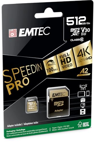 Emtec - UHS-I U3 V30 A1-512 GB, 256 GB - ECMSDM256GXC10SP - Speedin Serie - mit Adapter - Lese- und Schreibgeschwindigkeit bis zu 100 MB/s, 100 MB/s, Schwarz/Gold Emtec - UHS-I U3 V30 A1-512 GB, 256 GB - ECMSDM256GXC10SP - Speedin Serie - mit Adapter - Lese- und Schreibgeschwindigkeit bis zu 100 MB/s, 100 MB/s, Schwarz/Gold von Emtec